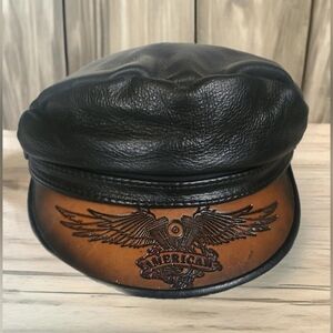 VINTAGE RARE CAPTAIN AMERICAN BLACK LEATHER MOTORCYCLE HAT